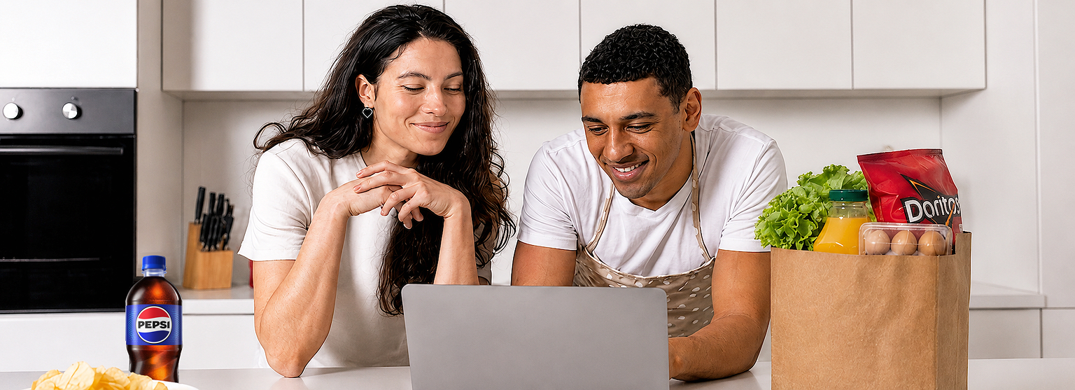 Shoppers reviewing groceries on a laptop in the kitchen