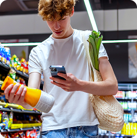 Shopper checking his phone while holding orange juice